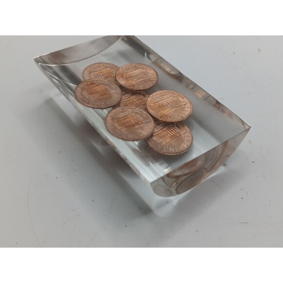 Vintage 1972 Penny Lucite Epoxy? Paperweight 3" X 2" Office Weight - Picture 9 of 9